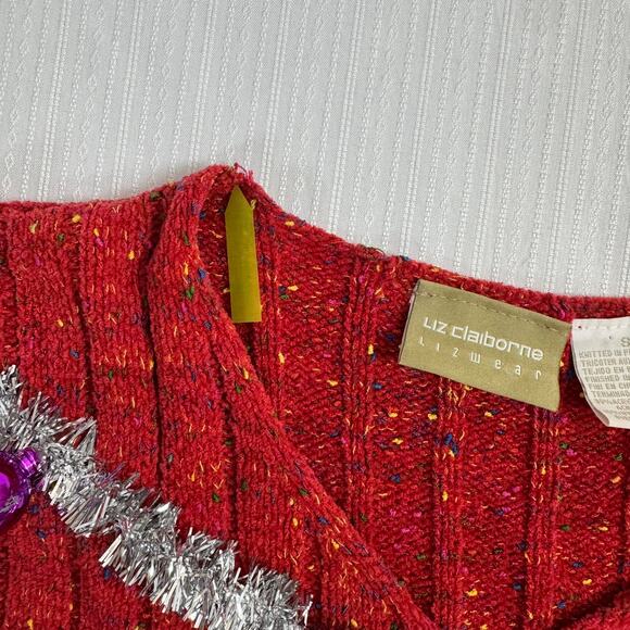 LIZ CLAIBORNE Womens Small Red Multicolor Handmaid Ugly Christmas Sweater V-Neck - Picture 7 of 10